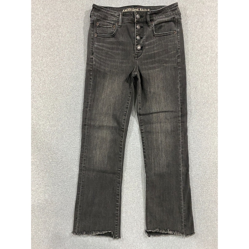 American Eagle Hi Rise Crop Flare Jeans Womens Size 6 Long Black Button Fly BOHO